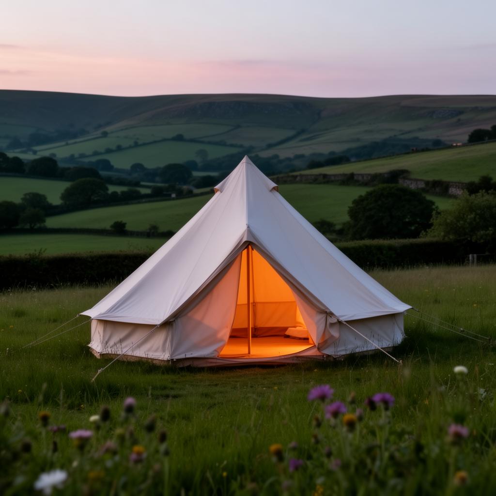 A simple white bell tent in a Monmouthshire meadow
